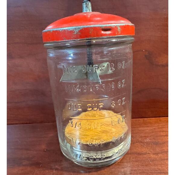Antique Red Handle Hazel Atlas Glass Jar Chopper Measuring Cup - Picture 3 of 7